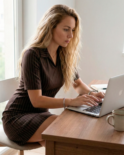 Metropolitan Grace – Brown Pinstripe Dress.